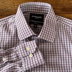 Bonobos Men’s Stretch Tailored Fit Long Sleeve Button Shirt Maroon White 15.5/32